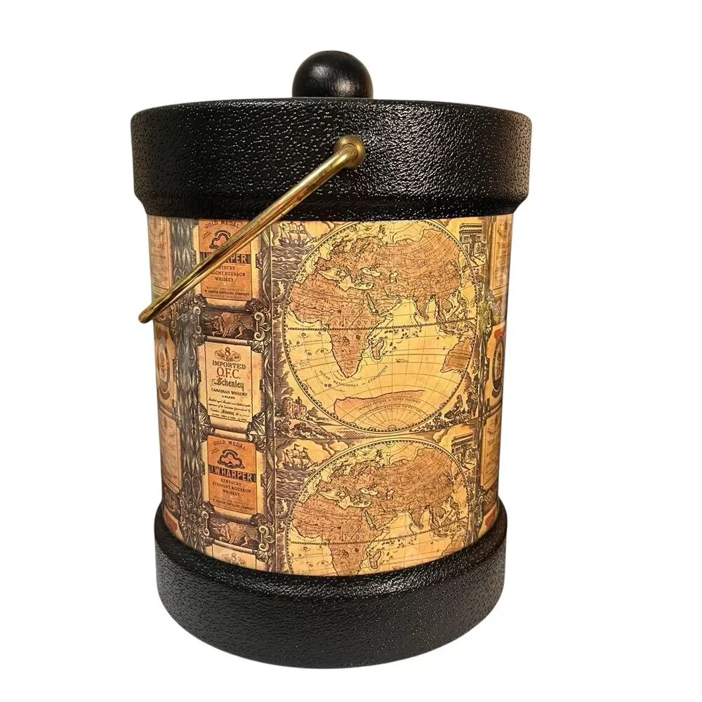 Kraftware Ice Bucket World Map Alcohol Advertising Man Cave USA Barware Vintage